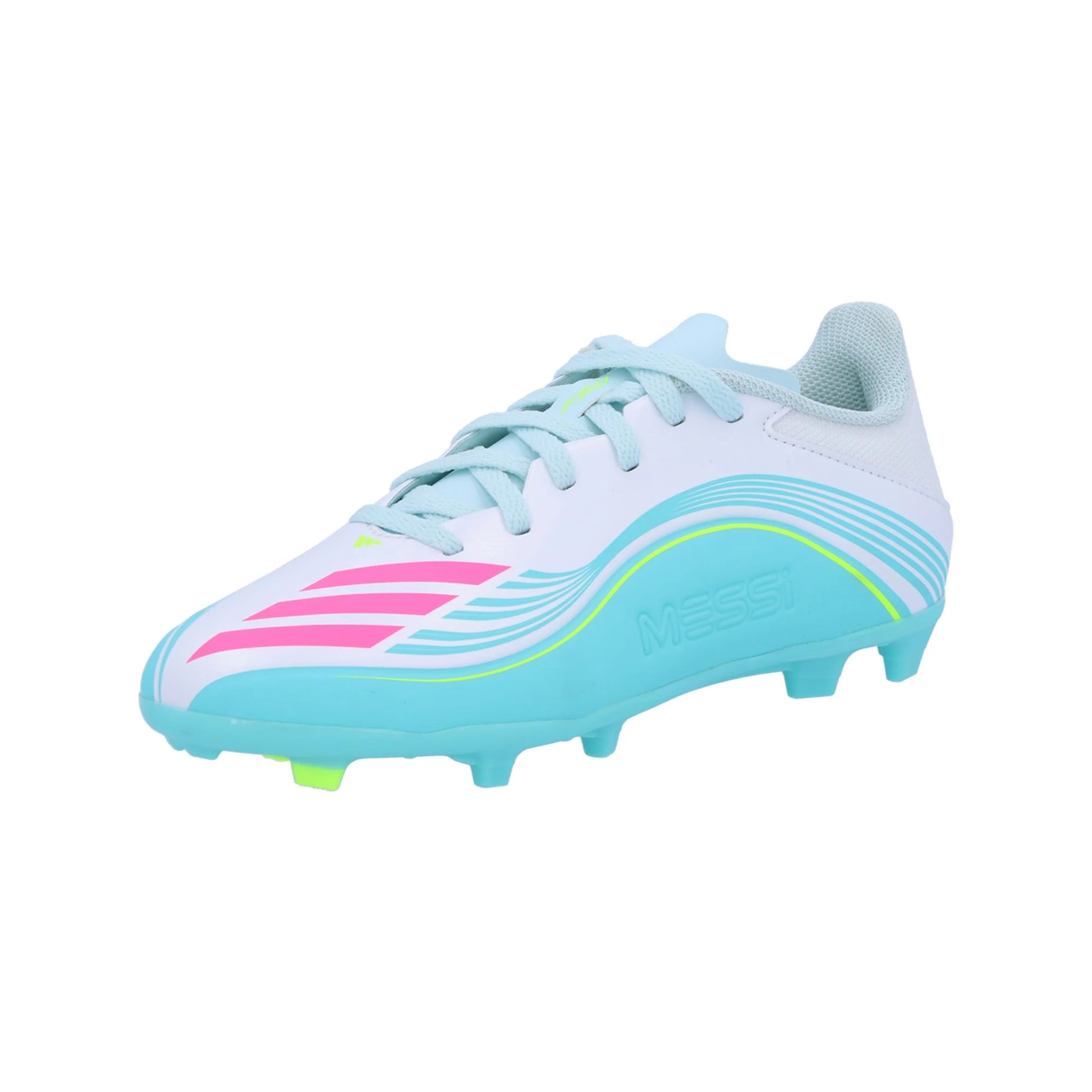 adidas F50 League Messi FG/MG Junior Firm Ground Soccer Cleat White/Lucid Pink/Aqua Blue - The Art of Soccer Shop