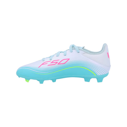 adidas F50 League Messi FG/MG Junior Firm Ground Soccer Cleat White/Lucid Pink/Aqua Blue - The Art of Soccer Shop